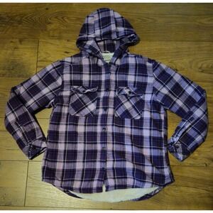 Boston Traders Women's Shacket Large Purple Plaid Flannel Sherpa With Hood